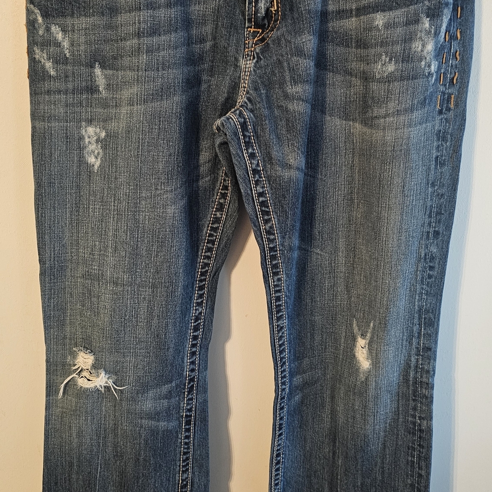 MEK Women's Distressed Blue Boot Cut Jeans, With Ditinctive Stitching & Hardware